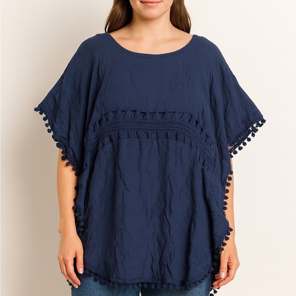 (A12) Aimage Navy Blue Women's Top with Pom-Pom Trim,‎ Size Small, NWT